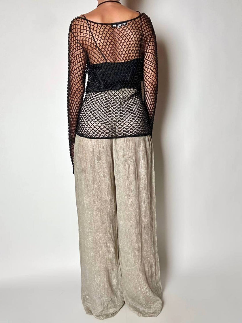 Pantalone a palazzo vintage Emporio Armani in seta goffrata champagne operata con filo metallico
