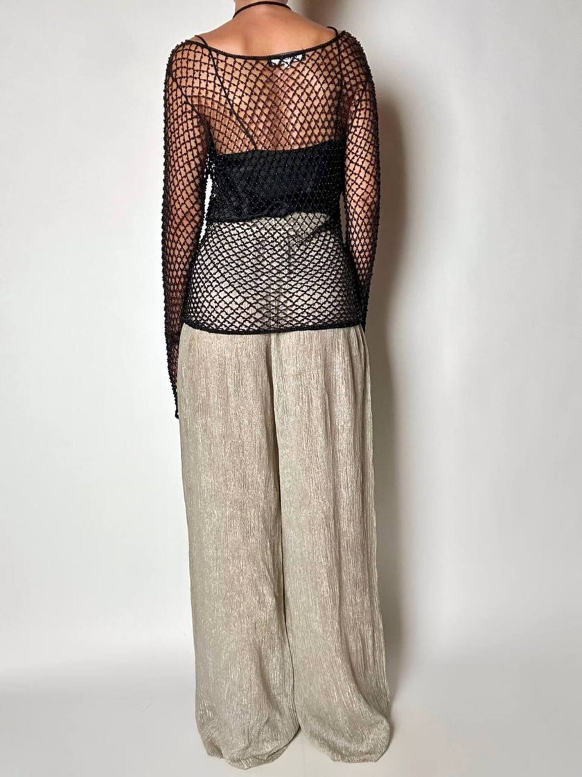 Maglia gioiello vintage List in rete operata con microperline nere