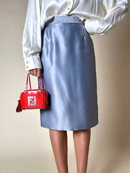 Completo gonna/gilet in raso grigio azzurro “Yves Saint Laurent”