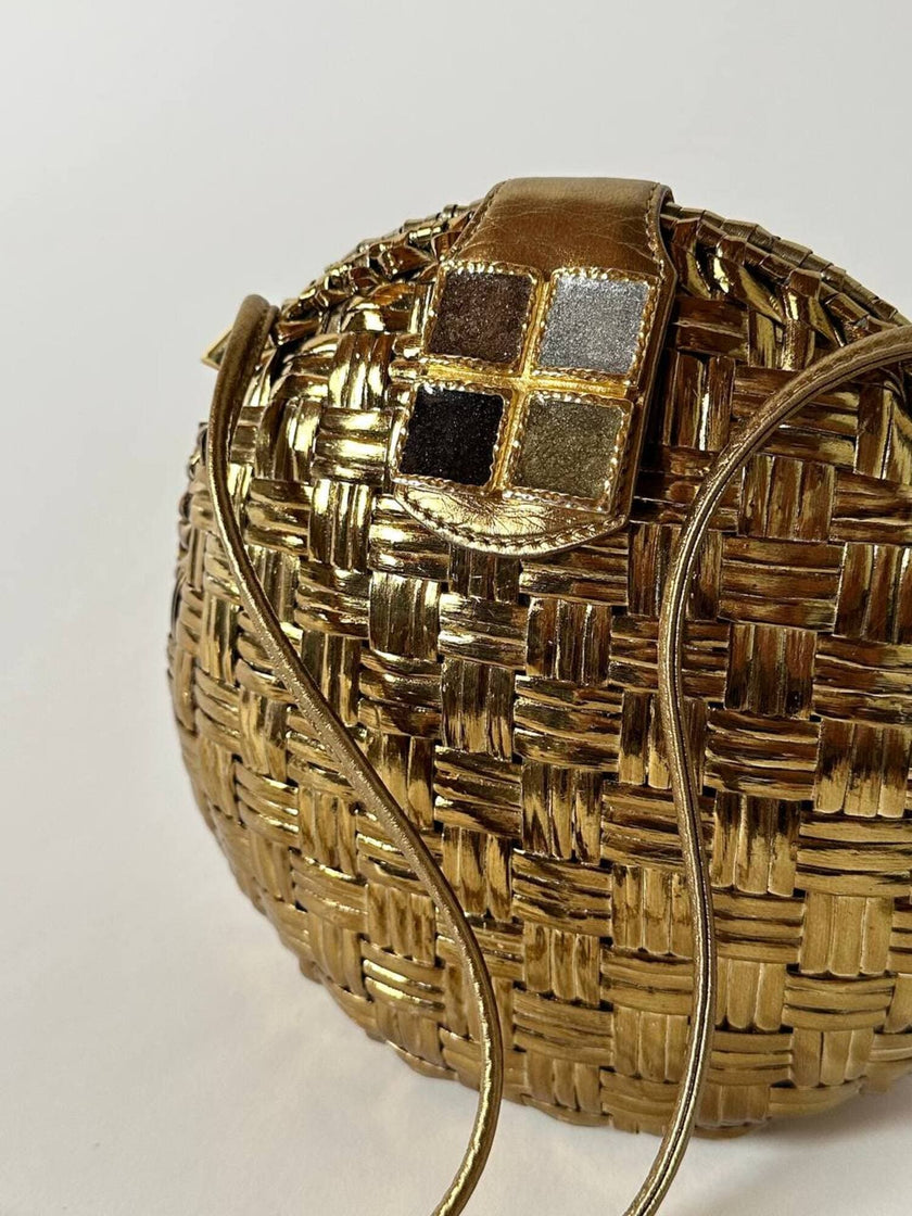 Borsa bandoulière vintage Rodo in midollino bronzo con chiusura gioiello