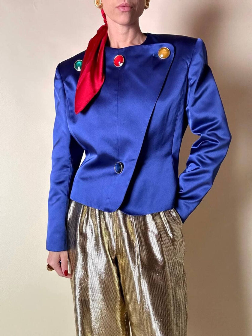Vintage-Jacke von Yves Saint Laurent aus kobaltblauem Satin mit mehrfarbigen Schmuckknöpfen