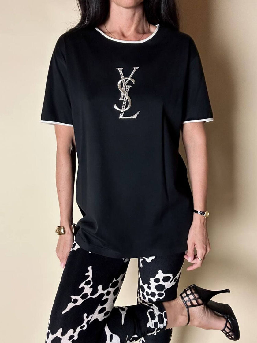 Leggings Yves Saint Laurent in ciniglia stretch fantasia astratta bianca e nera