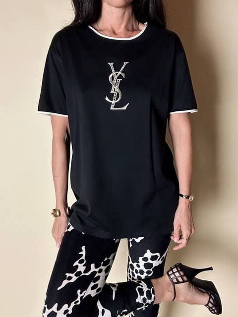 T-shirt vintage Yves Saint Laurent in cotone nero con logo YSL in lamé argento e strass