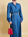 Abito lungo blu lavagna in tessuto Jacquard con motivo Damier