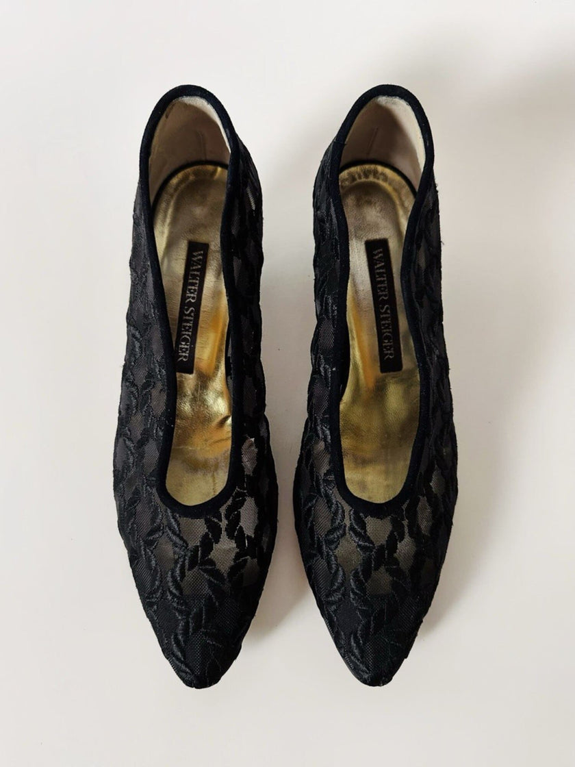Ballerine vintage Walter Steiger in rete nera ricamata