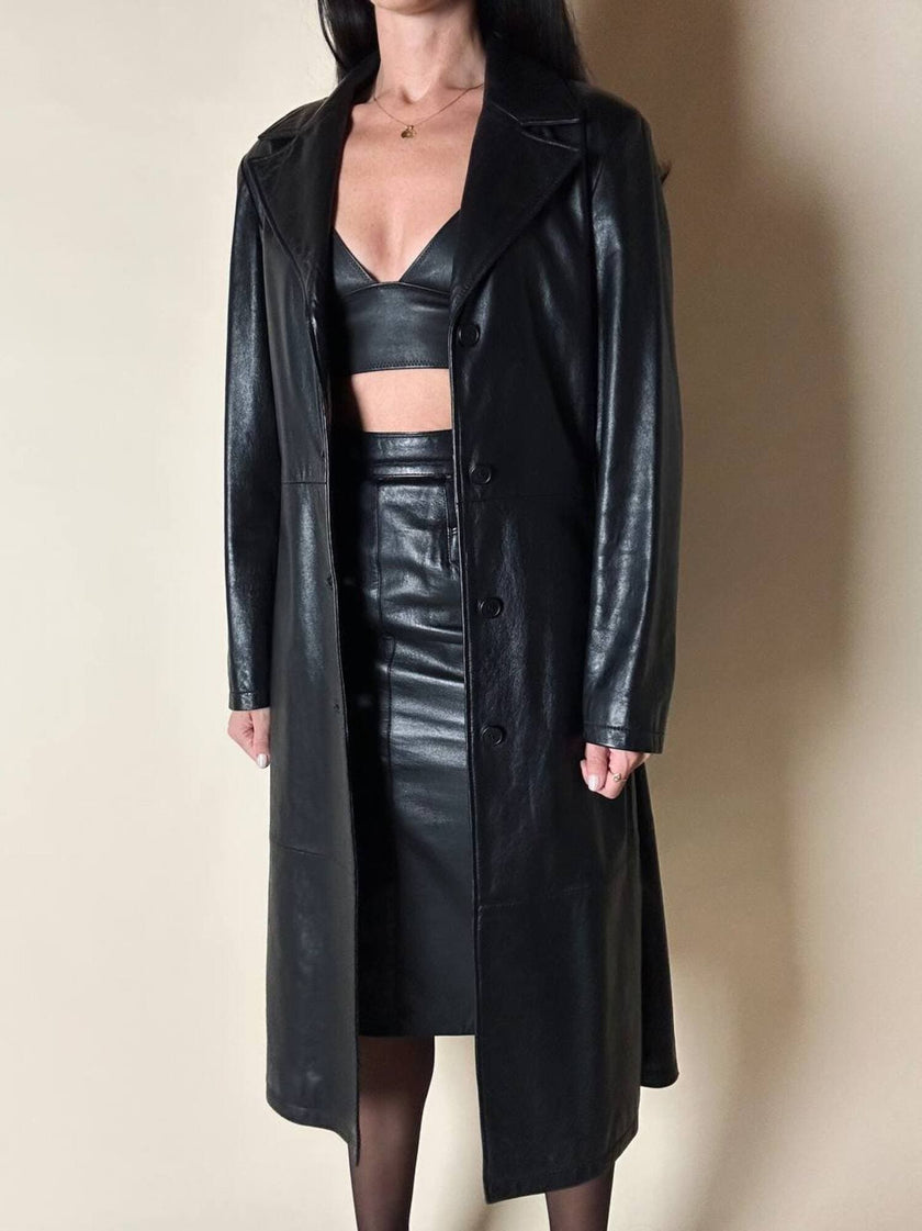 Cappotto/Robe Manteau vintage in pelle nera con spacco posteriore The Bomb
