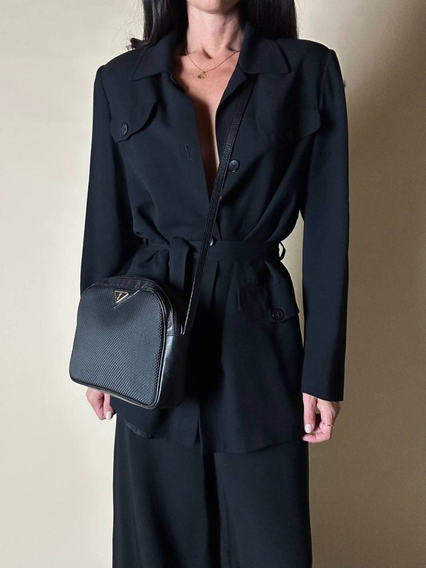 Borsa Bandoulière vintage Yves Saint Laurent in tessuto nero plastificato con riporti in pelle