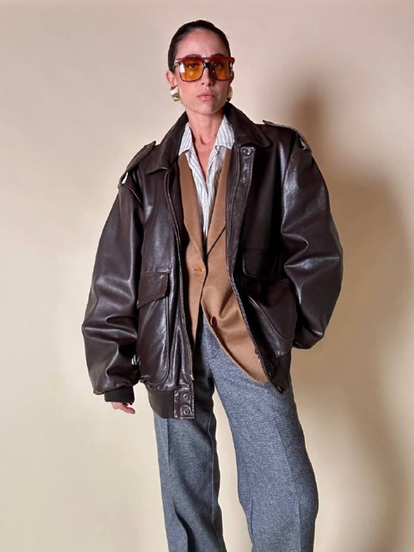 Bomber aviator oversize in pelle testa di moro