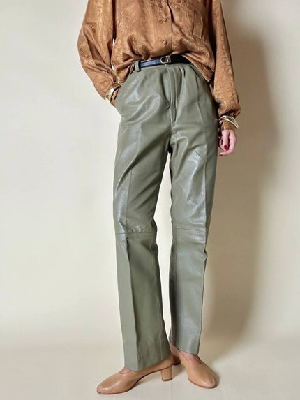 Pantalone a vita alta in pelle color argilla