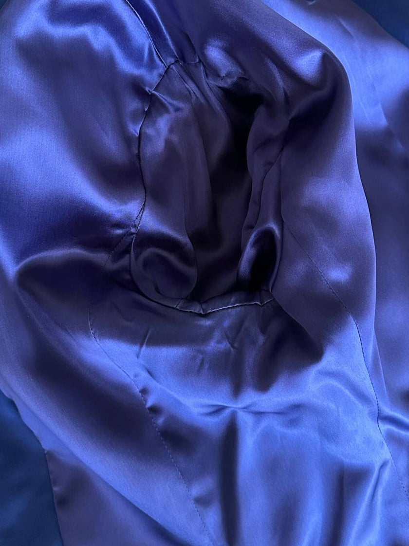 Vintage-Jacke von Yves Saint Laurent aus kobaltblauem Satin mit mehrfarbigen Schmuckknöpfen