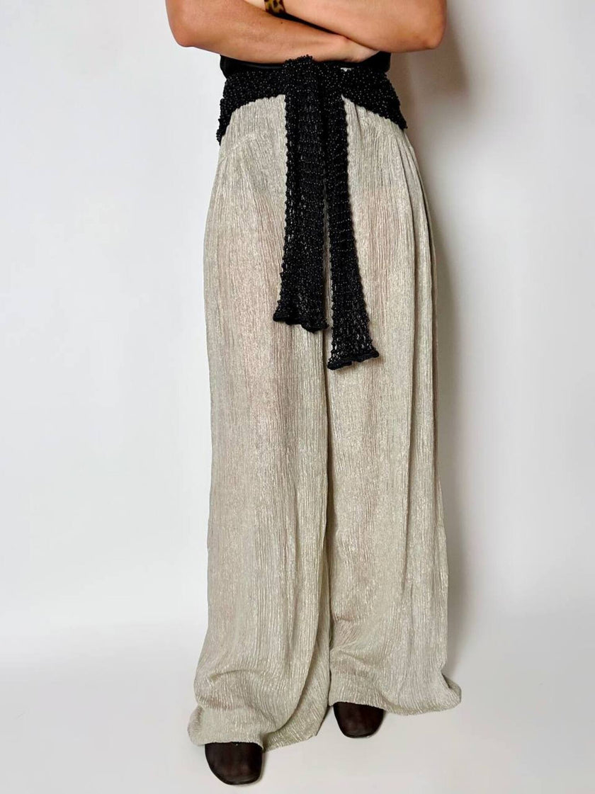 Pantalone a palazzo vintage Emporio Armani in seta goffrata champagne operata con filo metallico