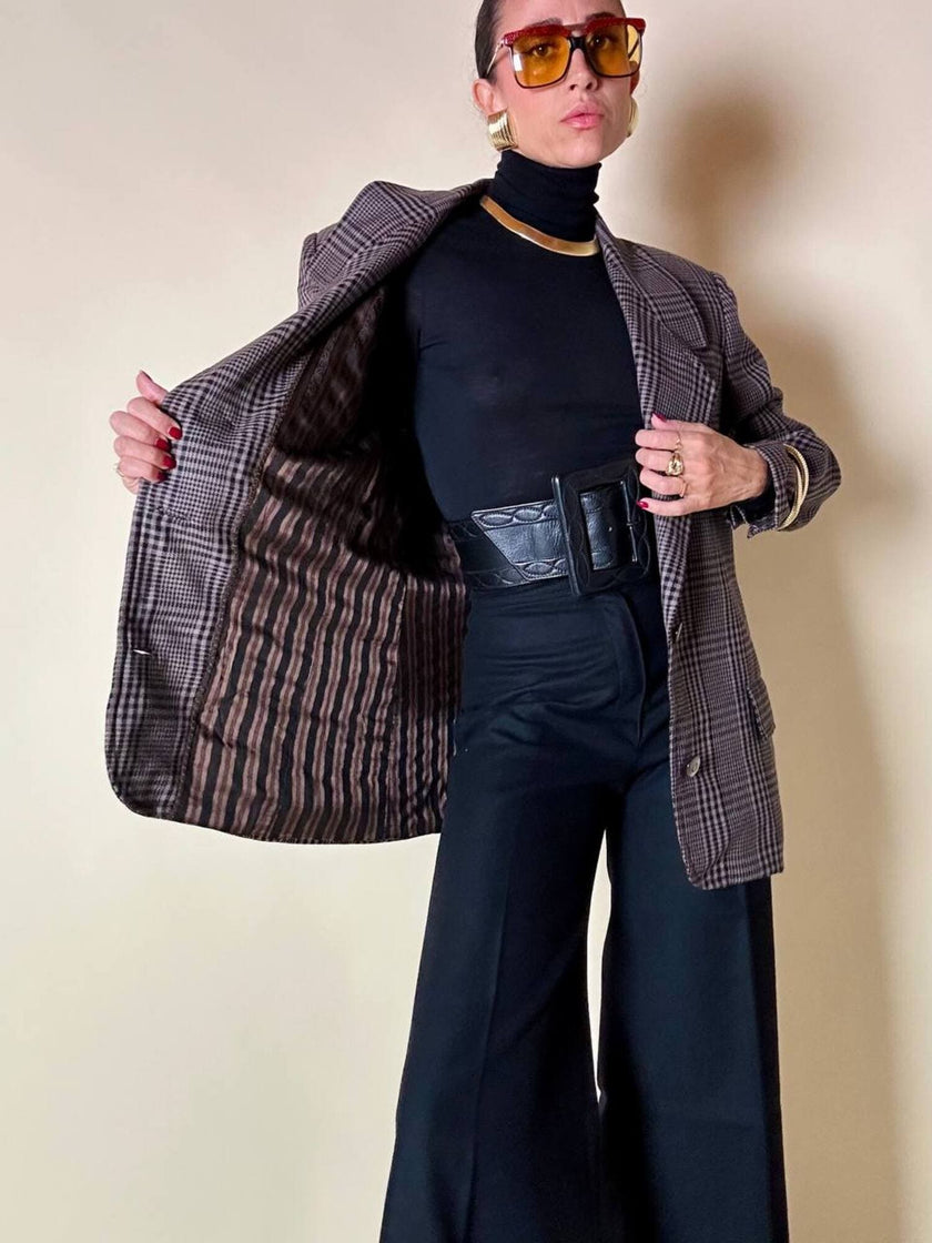 Blazer sartoriale in rasato di lana principe di Galles fango e nero