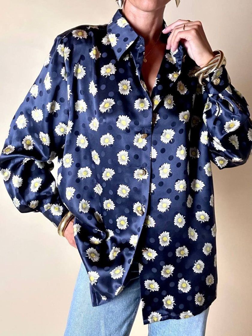 Camicia in raso di seta Jaquard blu notte fantasia margherite