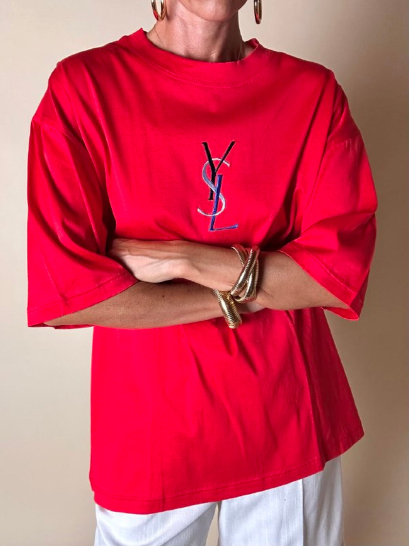 T-shirt Yves Saint Laurent  in cotone rosso con maxi logo YSL