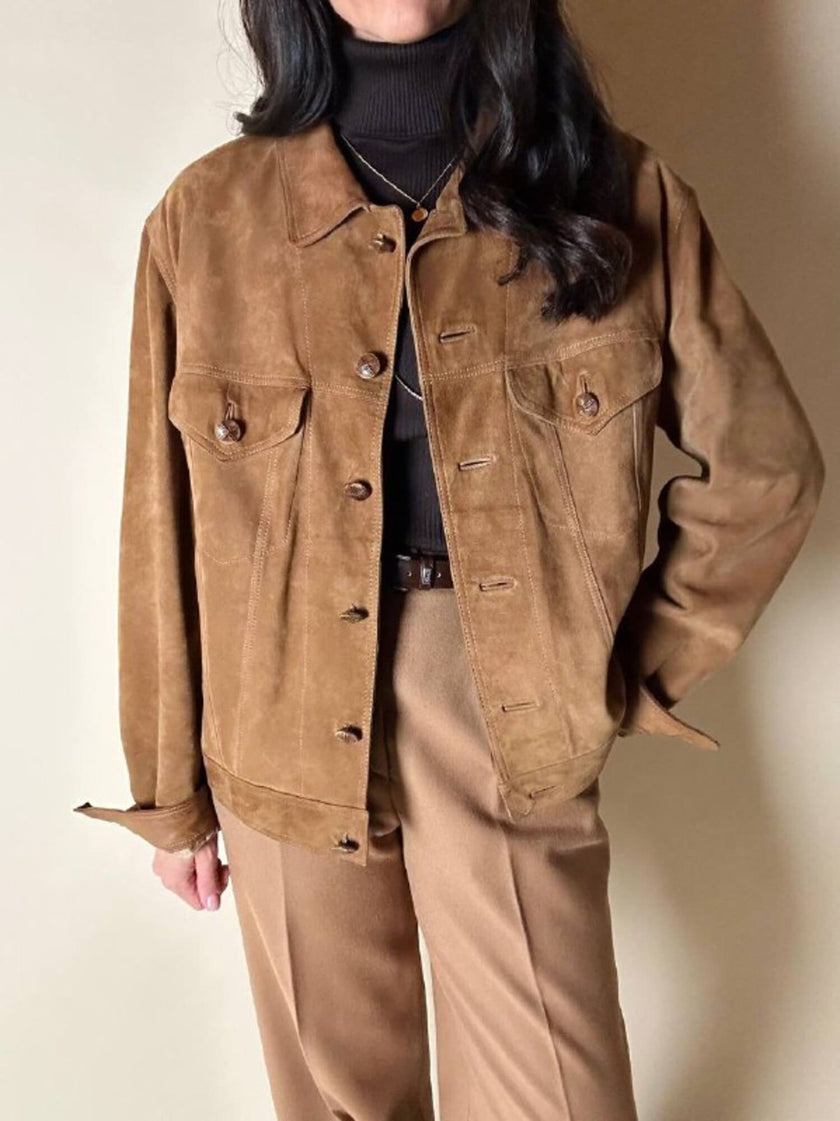 Giacca trucker in pelle scamosciata tabacco con bottoni effetto berlebeck