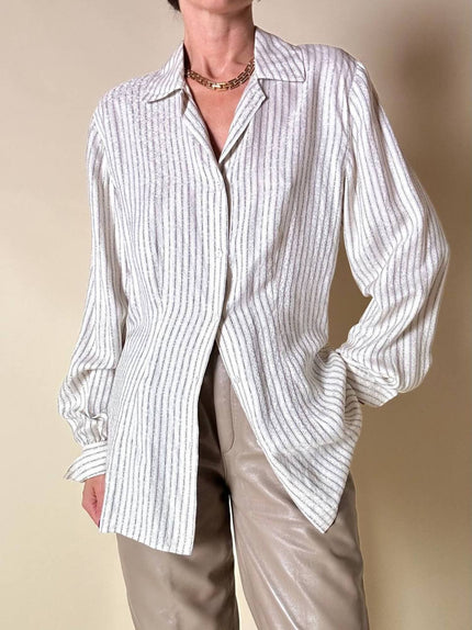 Camicia sartoriale in seta Jaquard bianca a righe grigie