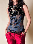 Qipao top in raso jacquard nero fantasia cinese