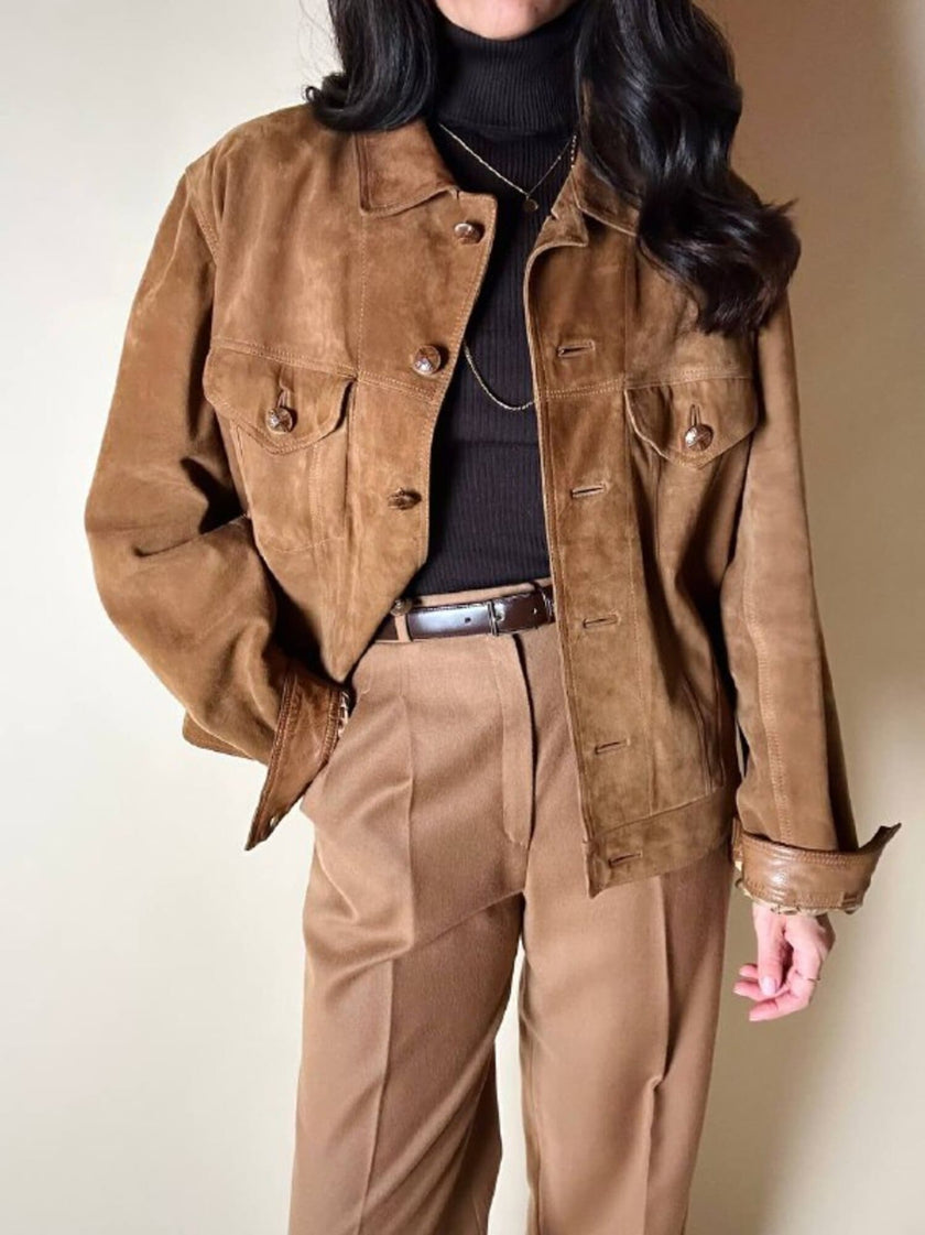 Giacca trucker in pelle scamosciata tabacco con bottoni effetto berlebeck