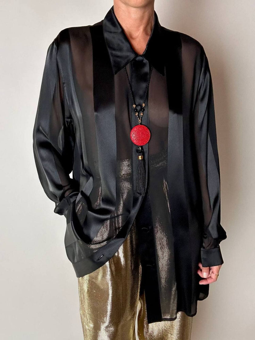 Camicia vintage Marina Rinaldi in chiffon di seta dèvorè a righe verticali