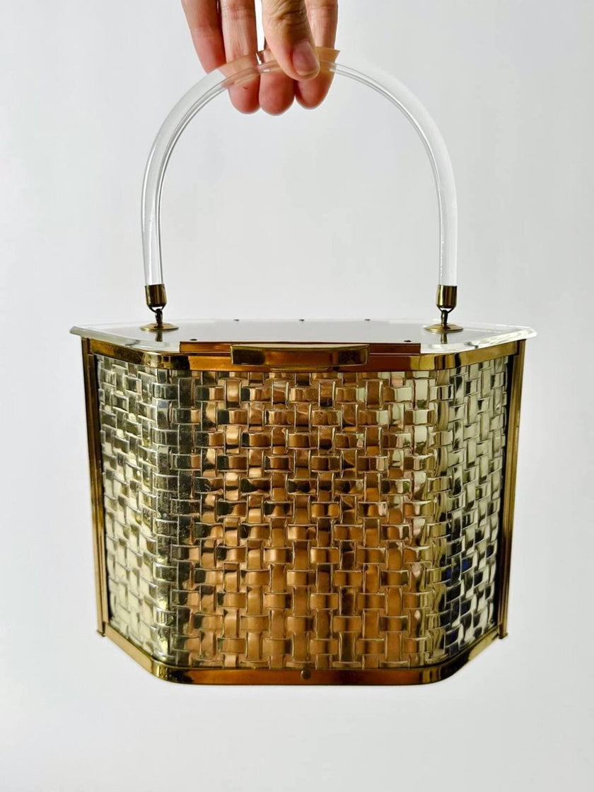 Box Bag vintage in lucite e metallo dorato effetto intrecciato