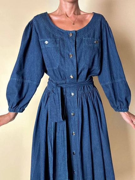 Abito chemisier Mister Luna in denim leggero con gonna a ruota e maniche a palloncino