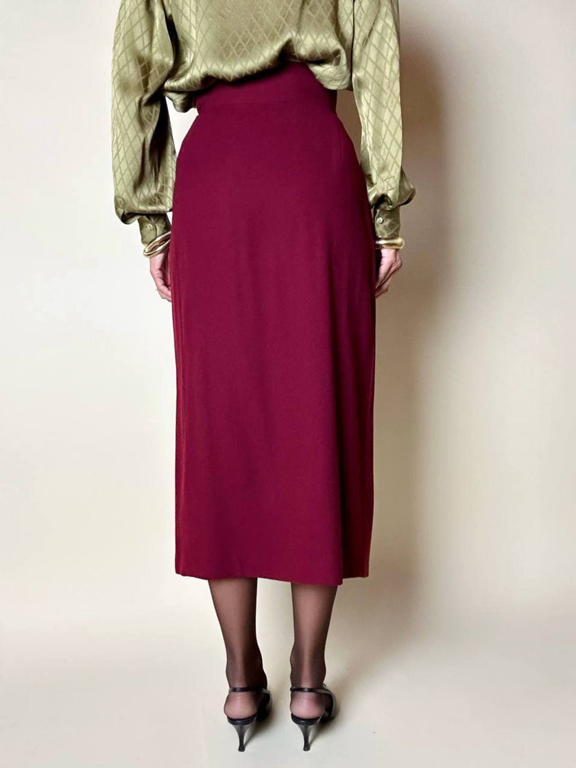 Cacharel burgundy crepe wrap-effect midi skirt