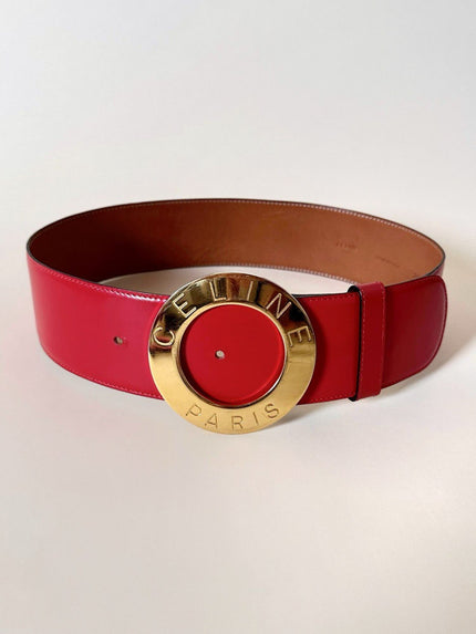 Cintura alta in pelle rossa con fibbia rotonda dorata “Celine”