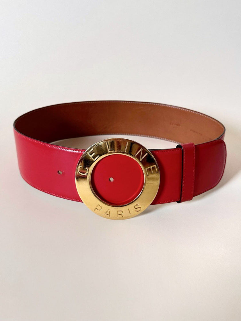 Cintura alta in pelle rossa con fibbia rotonda dorata “Celine”