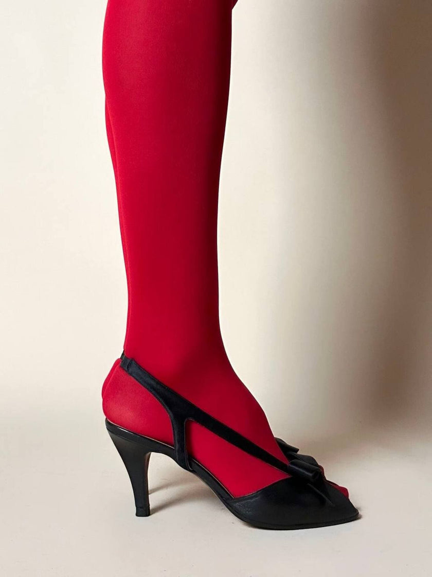 Sandali neri in pelle e raso con fiocco “Yves Saint Laurent”