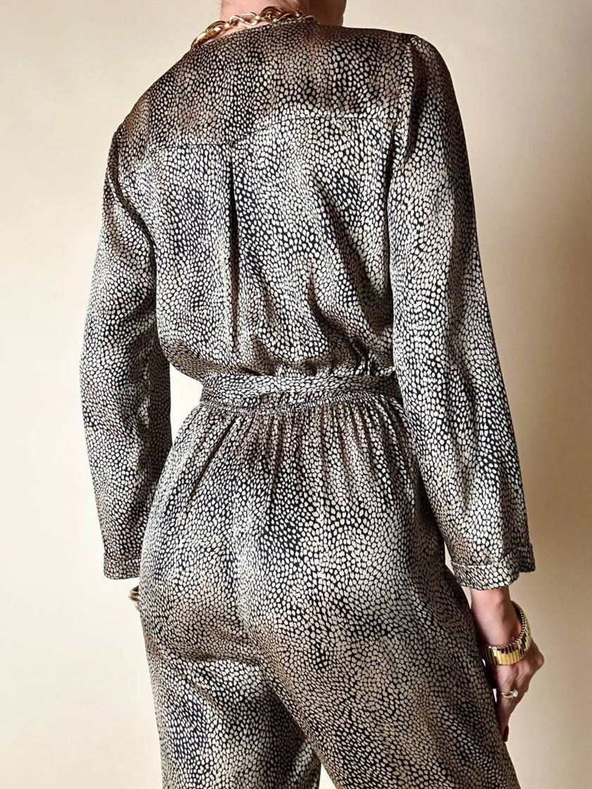 Jumpsuit in raso fantasia micro leopardo