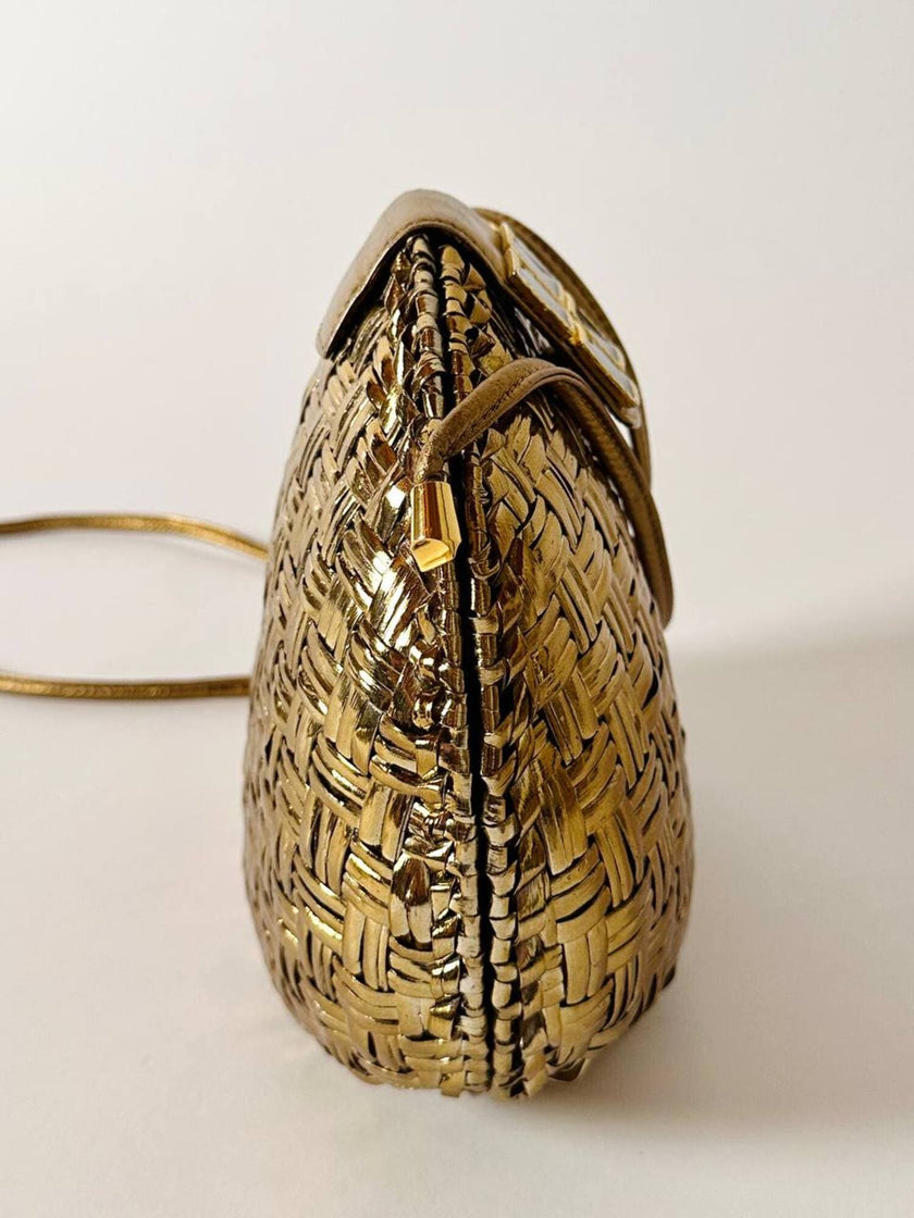 Borsa bandoulière vintage Rodo in midollino bronzo con chiusura gioiello