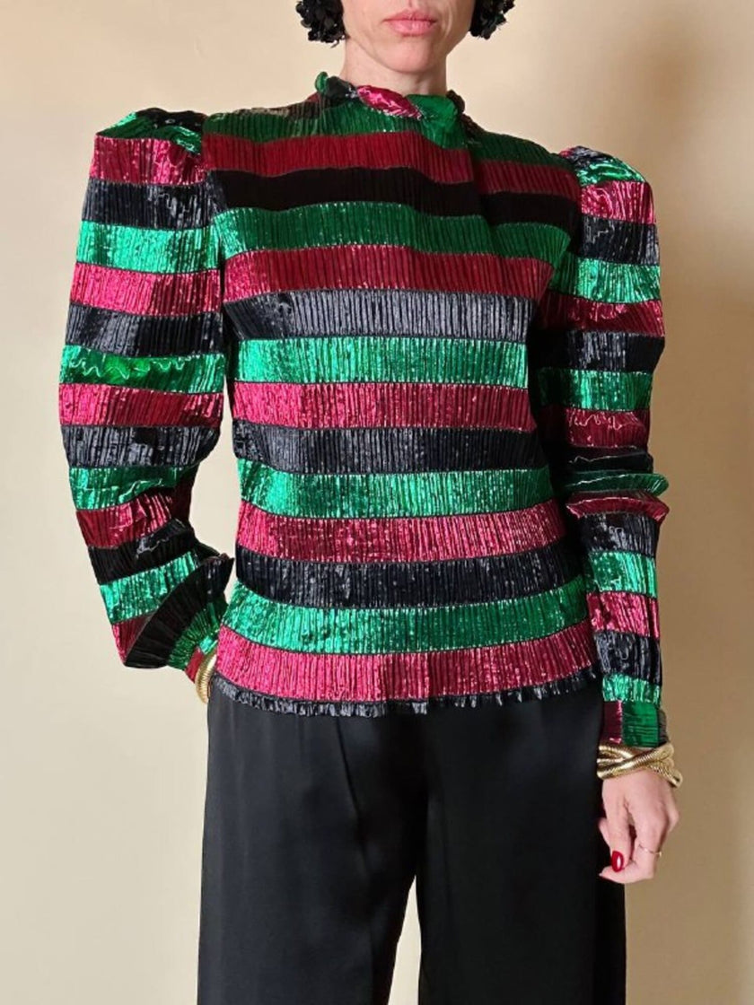 Blusa in lamé goffrato a righe orizzontali multicolor