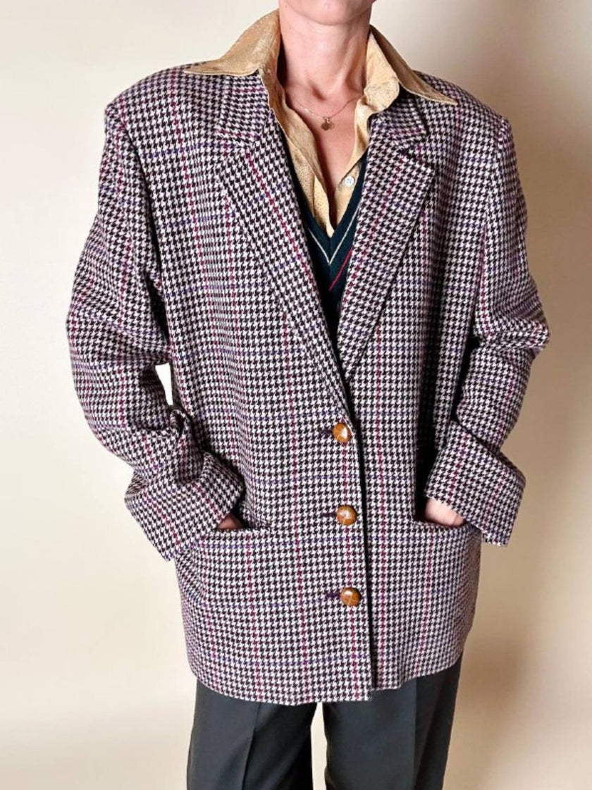 Blazer United Class Coll Colors Benetton in lana pied de poule beige e cioccolato con bottoni berlebeck