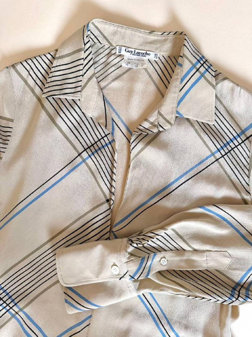 Abito Guy Laroche in crepe beige fantasia geometrica nera e azzurra