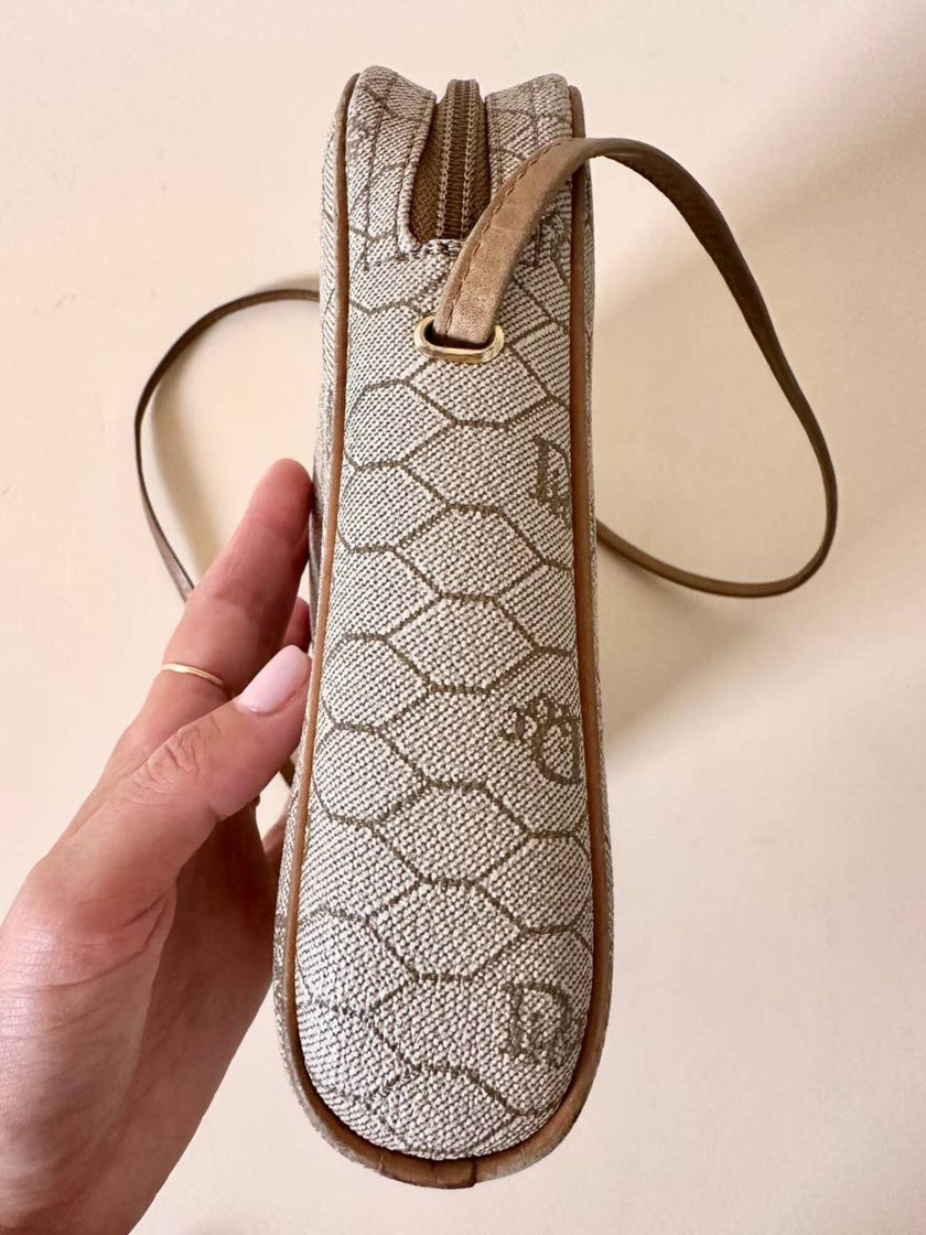 Borsa Christian Dior in tessuto jacquard logato beige con dettagli in pelle cuoio