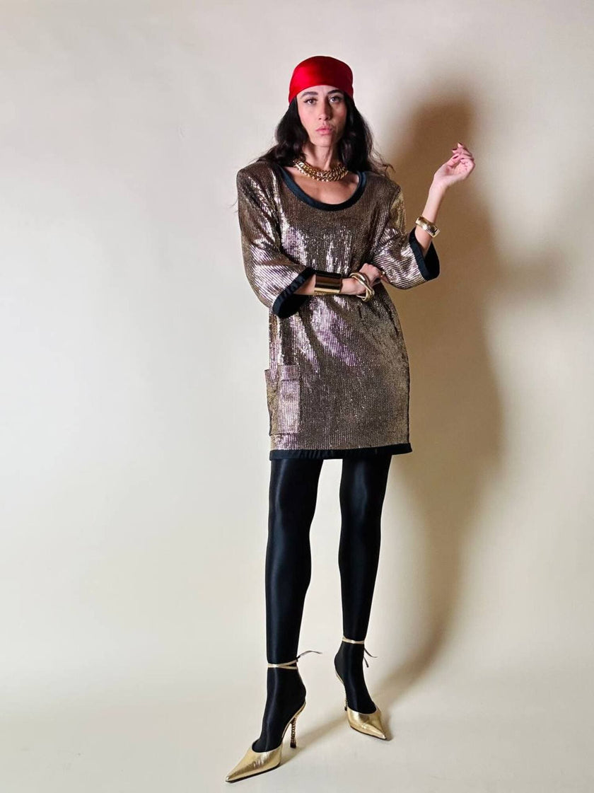 Mini dress oro in tessuto operato con profili neri in raso nero  “Yves Saint Laurent”
