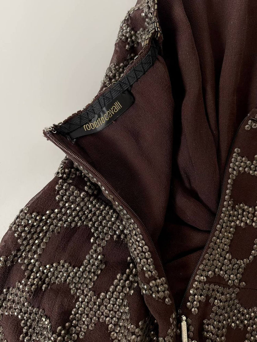 Abito vintage Roberto Cavalli in crêpe di seta marrone con ricamo in paillettes bronzo