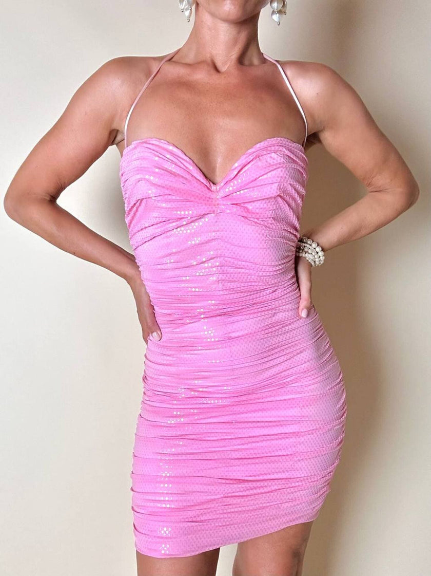 Mini dress rosa in tessuto stretch con micro paillettes trasparenti termo-adesive “La Perla”