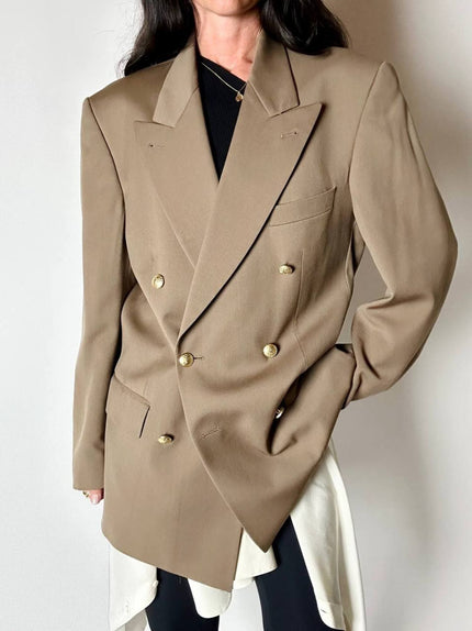 Blazer vintage Yves Saint Laurent in lana cachi doppiopetto con bottoni logati oro