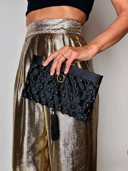 Pochette vintage Rodo in raso nero lavorato a rete con nappa couture e tracolla in catena
