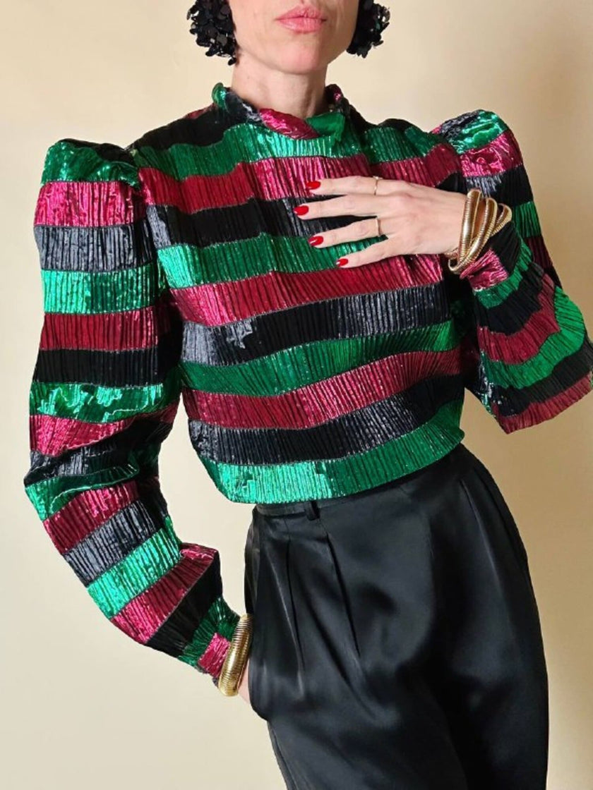 Blusa in lamé goffrato a righe orizzontali multicolor