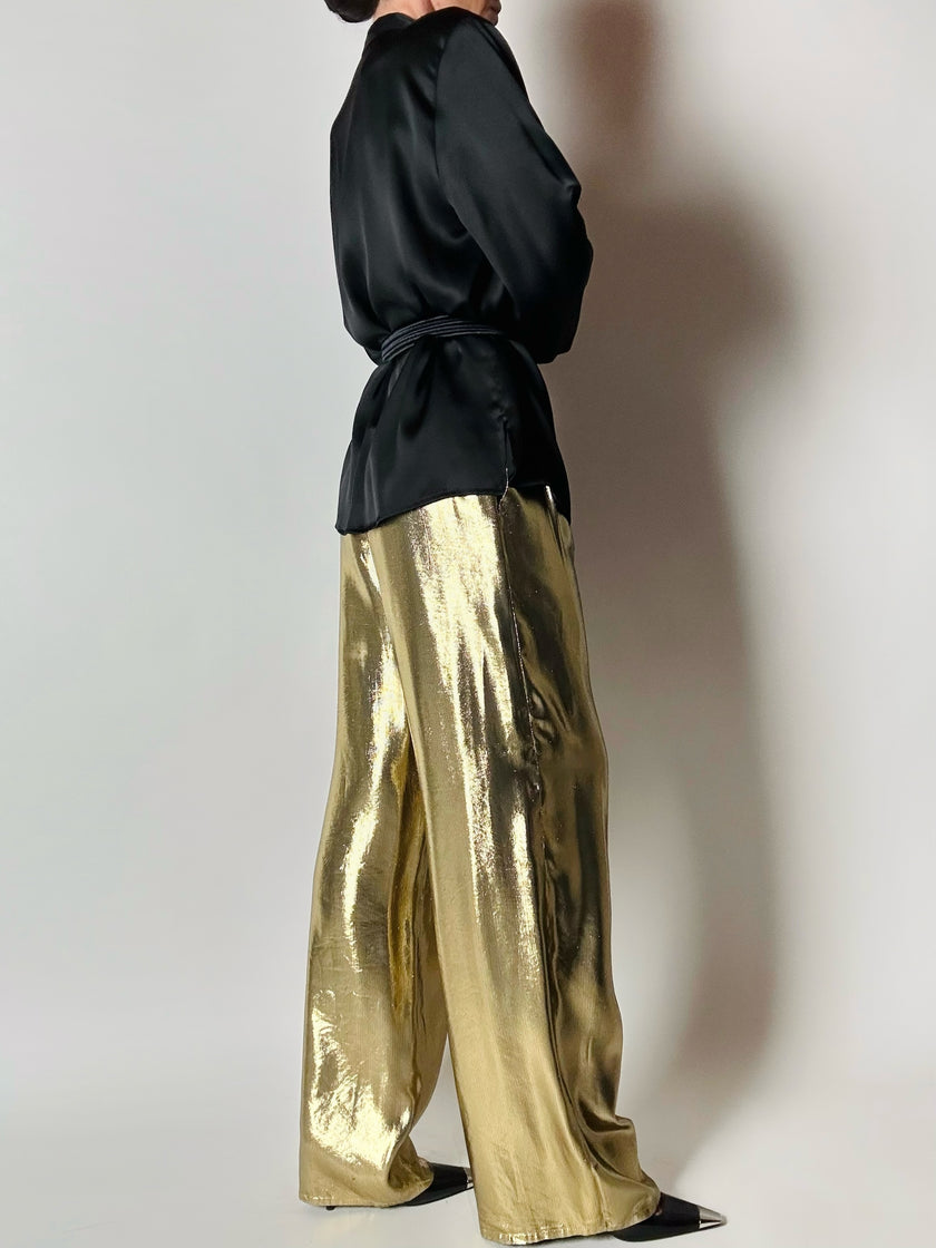 Pantalone vintage Yves Saint Laurent Rive Gauche a palazzo in seta lamé oro