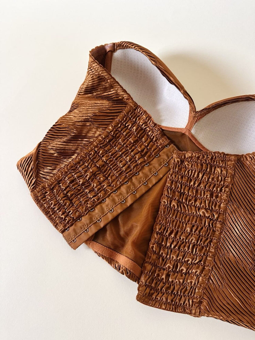 Bustier La Perla con scollo a cuore in tessuto micro plissé color bronzo