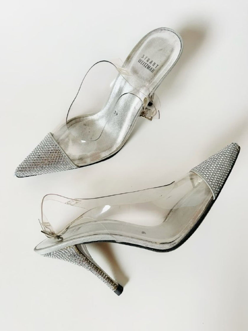 Slingback vintage a punta in plexi e strass argento Stuart Weitzman