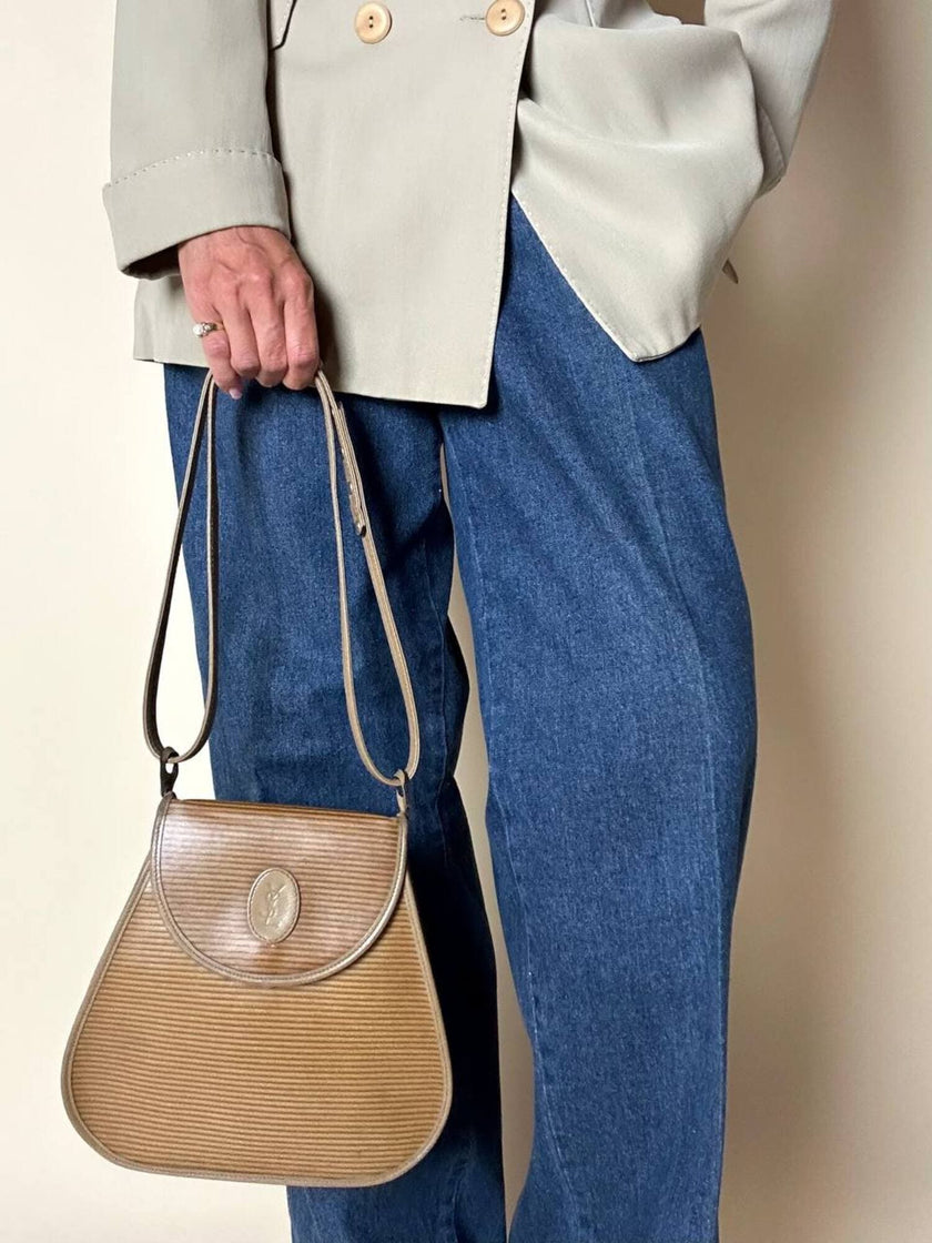 Borsa Yves Saint Laurent in tessuto plastificato millerighe color cammello con riporti in pelle argilla