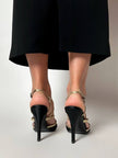 Sandali vintage Yves Saint Laurent in raso di seta nero e pelle laminata oro