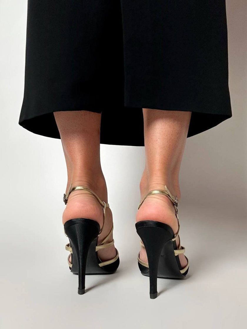 Sandali vintage Yves Saint Laurent in raso di seta nero e pelle laminata oro
