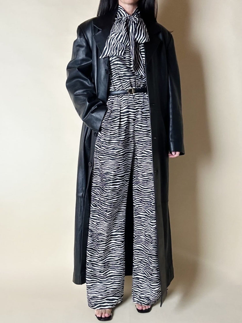 Maxi cappotto vintage in pelle nera Real Leather con fodera matelassé