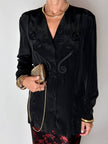 Camicia vintage in misto seta nero con passamanerie ricamate e nappe couture