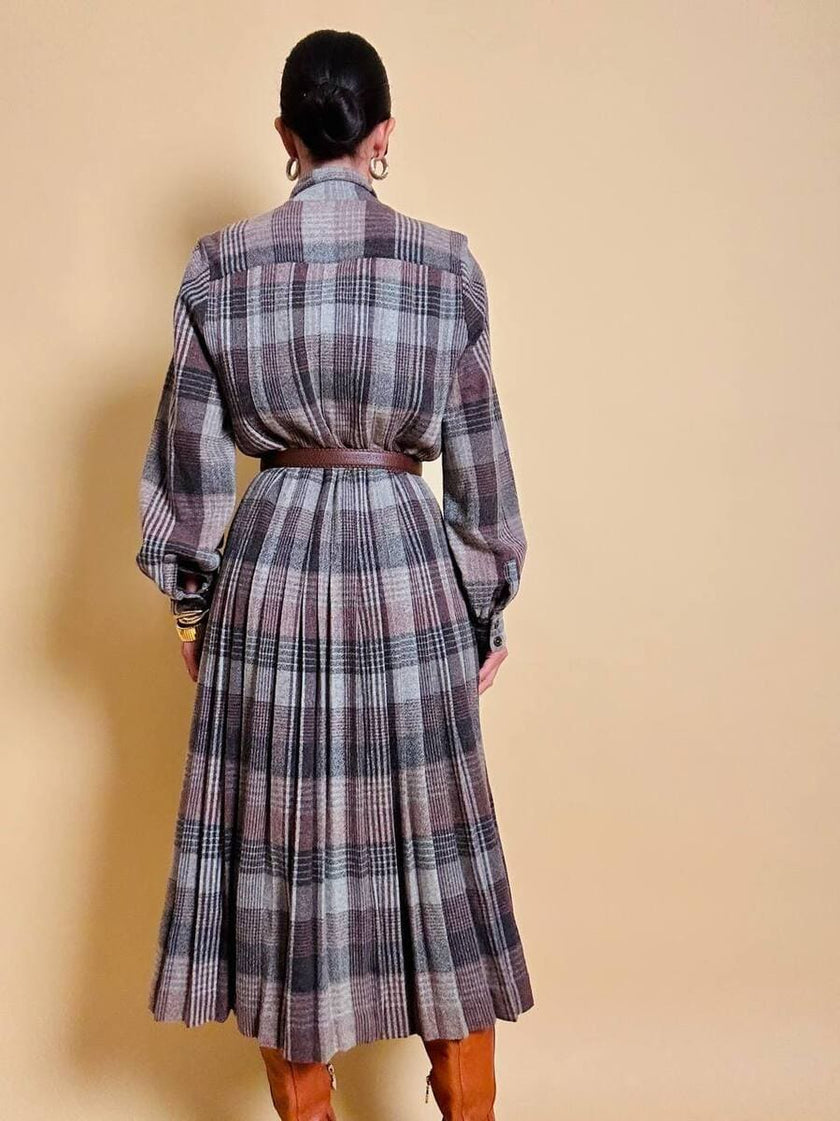 Maxi abito plissé in lana flanellata fantasia check